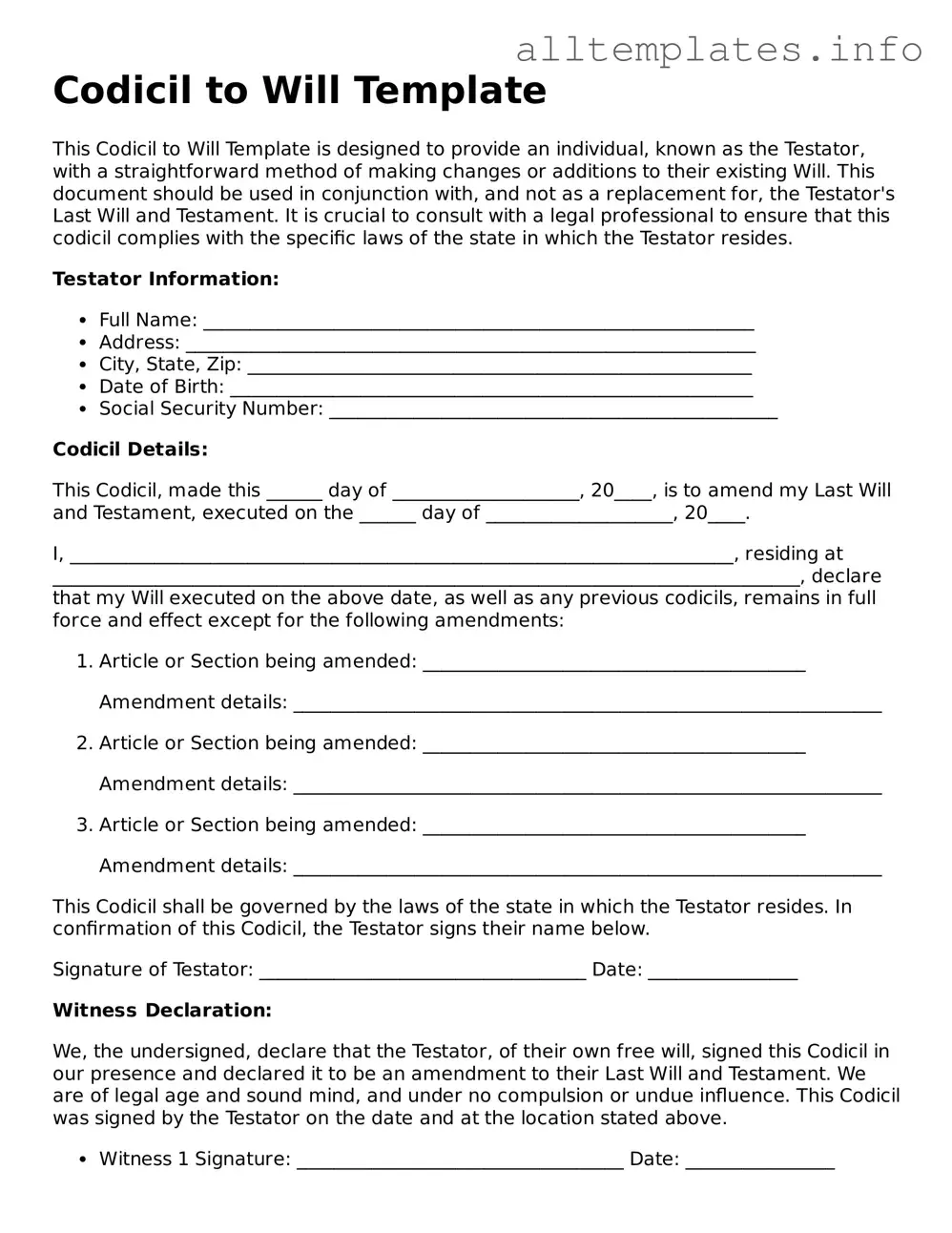 Fillable Codicil to Will Document