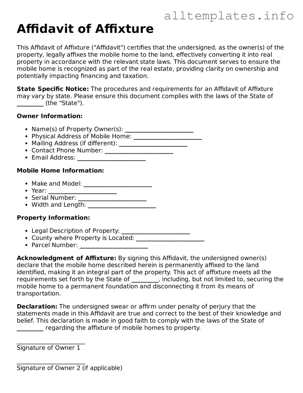 Fillable Affidavit of Affixture Document