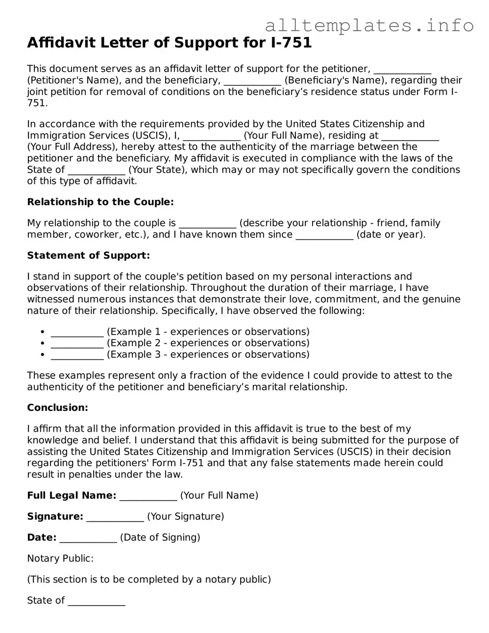 Fillable Affidavit Letter of Support for I-751 Document