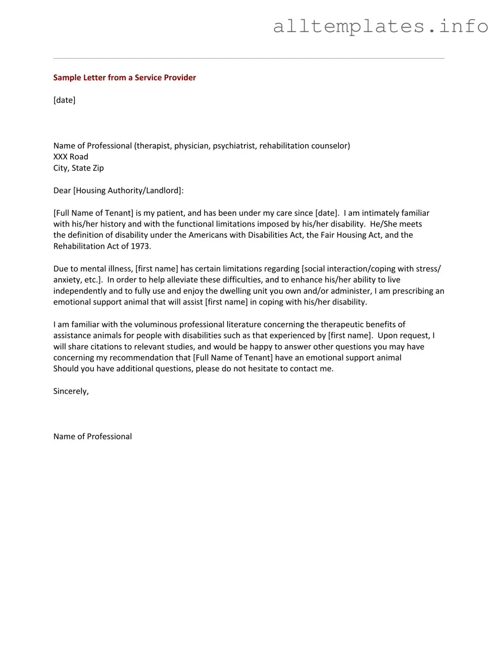 Fill Your Emotional Support Animal Letter Template