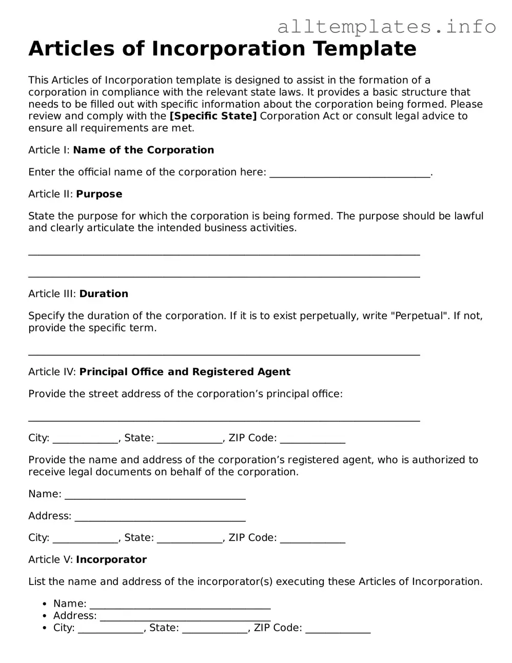Fillable Articles of Incorporation Document