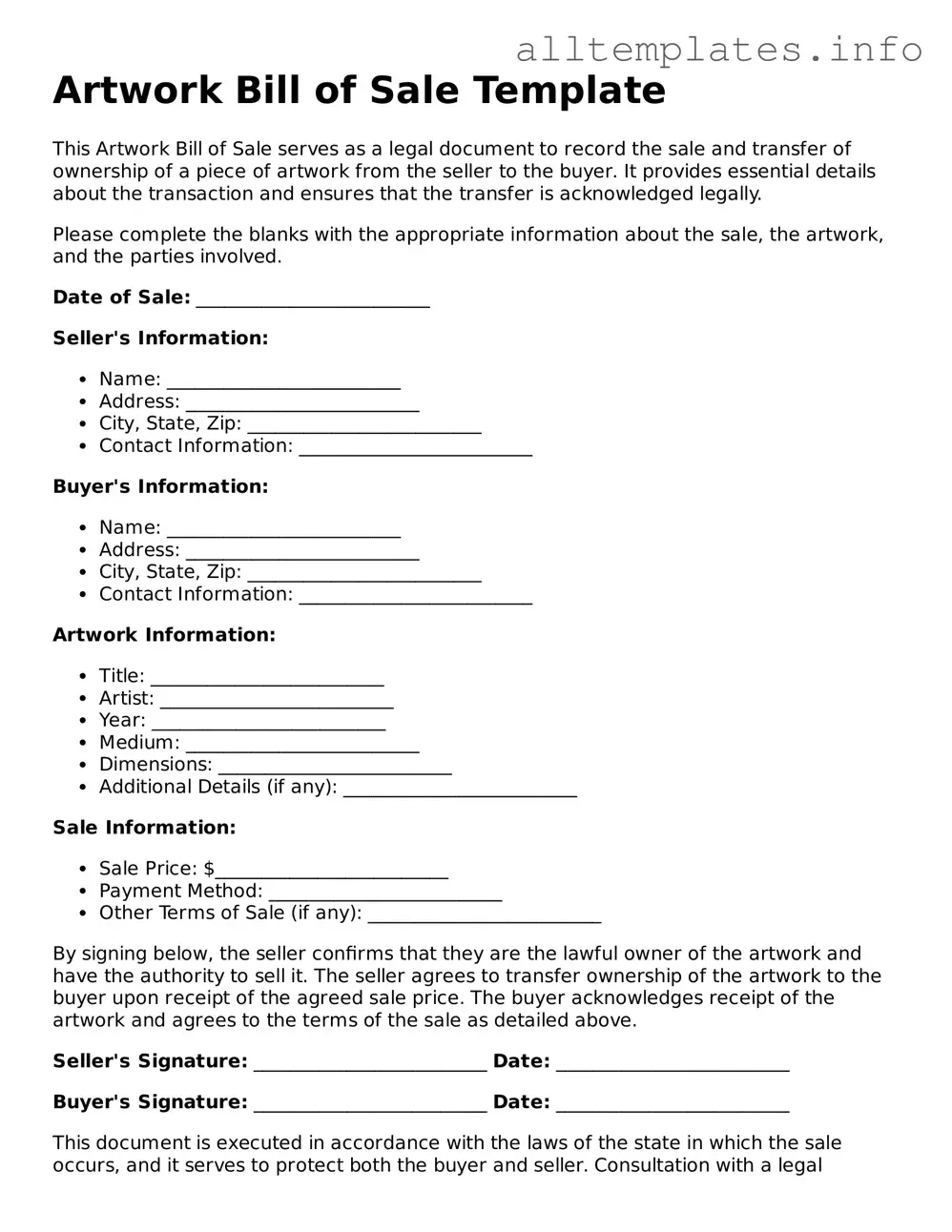 Fillable Artwork Bill of Sale Document