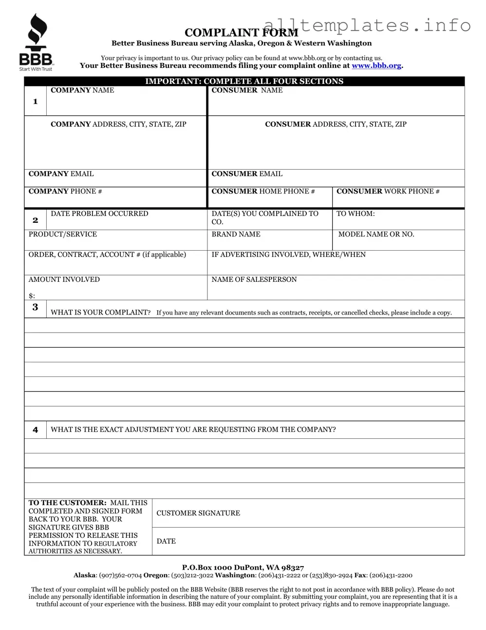 Fill Your Bbb Complaint Template