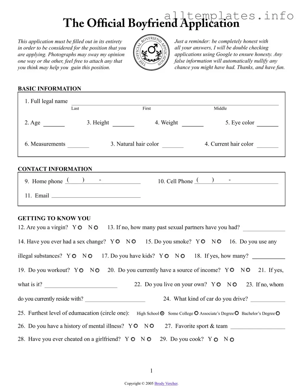 Fill Your Boyfriend application form Template