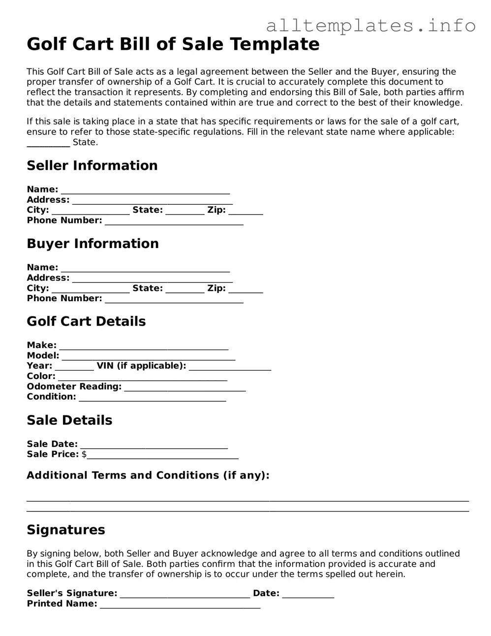 Fillable Golf Cart Bill of Sale Document