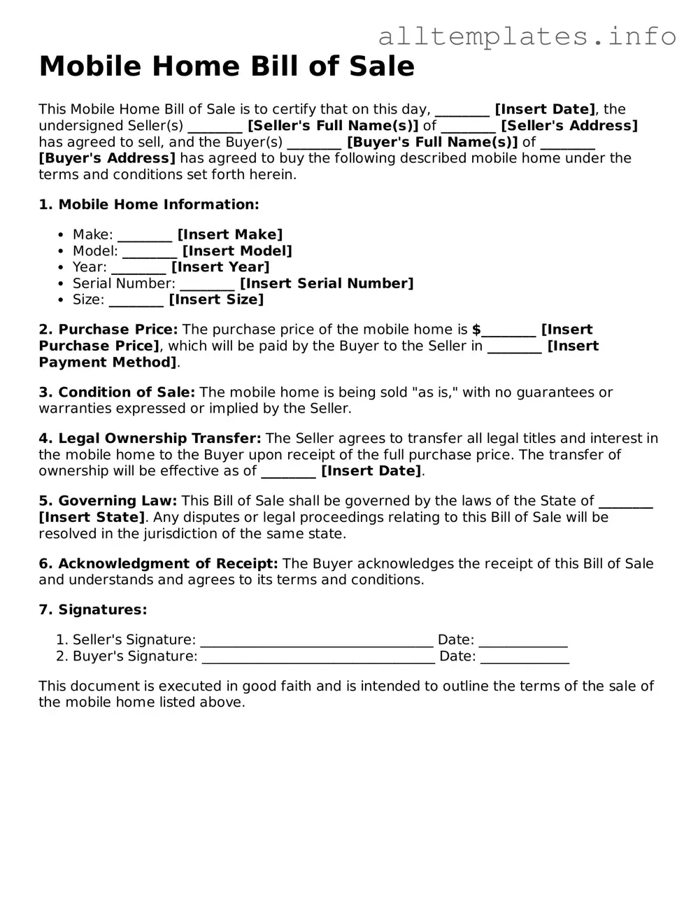 Fillable Mobile Home Bill of Sale Document