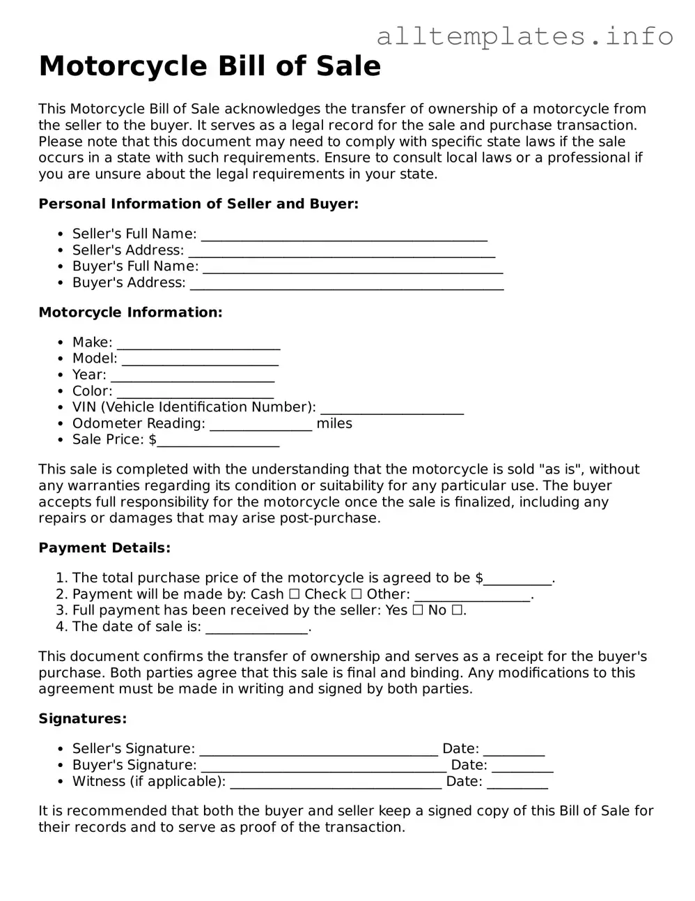 Fillable Motorcycle Bill of Sale Document