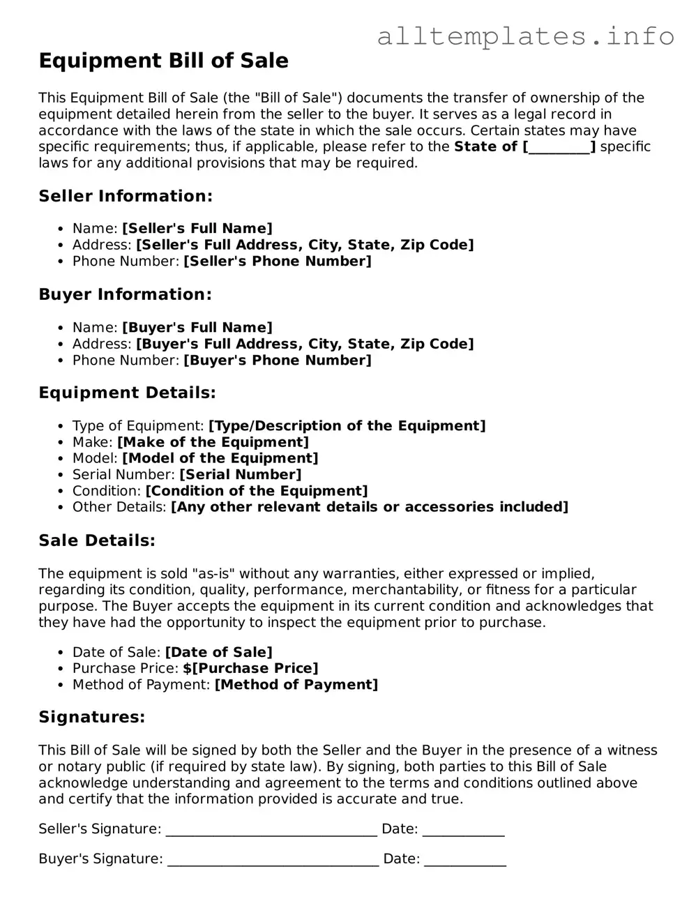 Fillable Equipment Bill of Sale Document