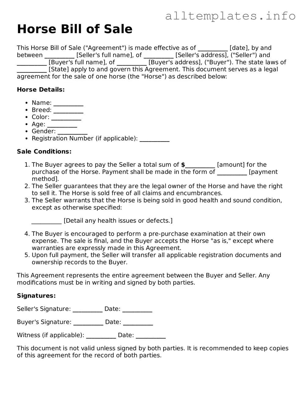 Fillable Horse Bill of Sale Document