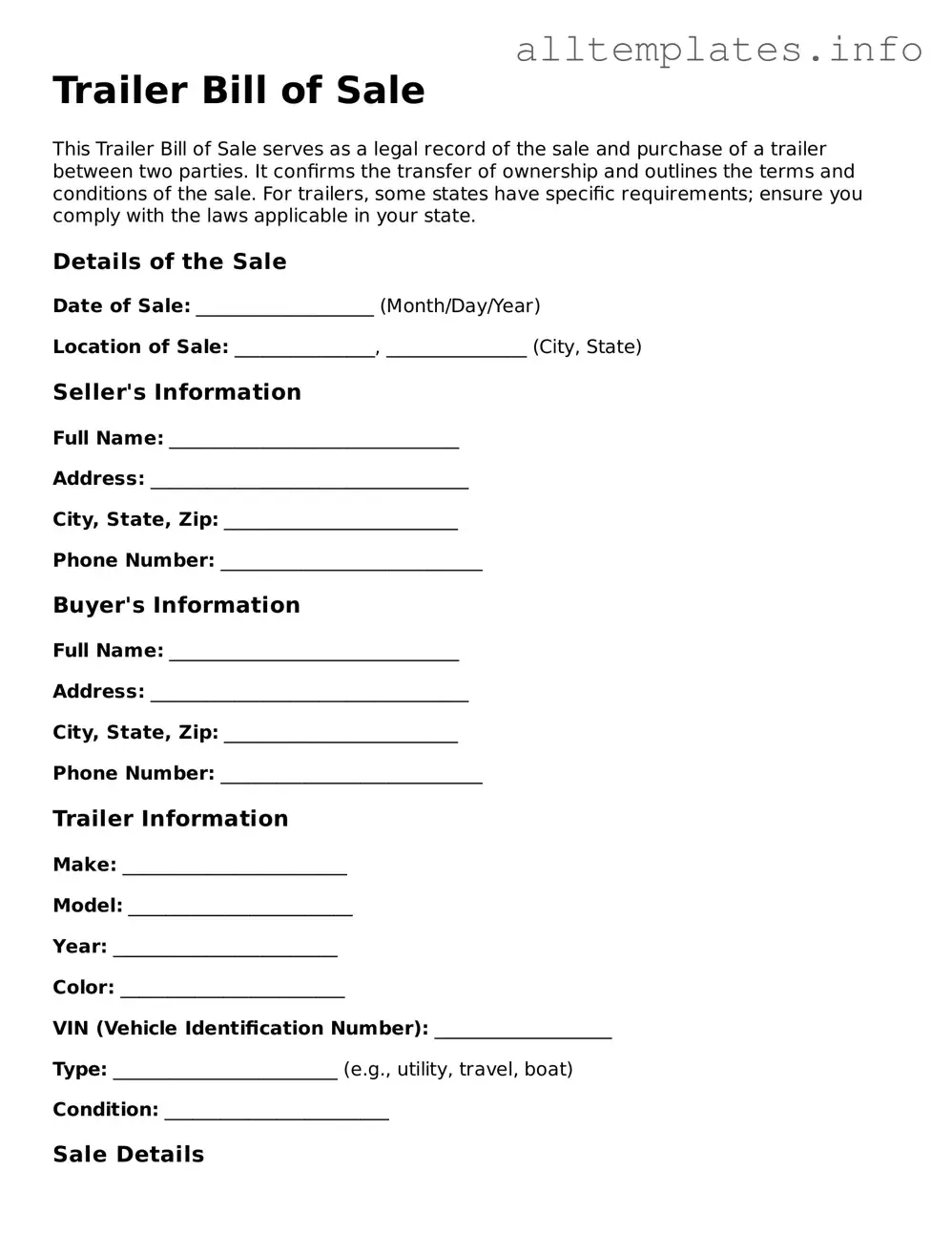 Fillable Trailer Bill of Sale Document