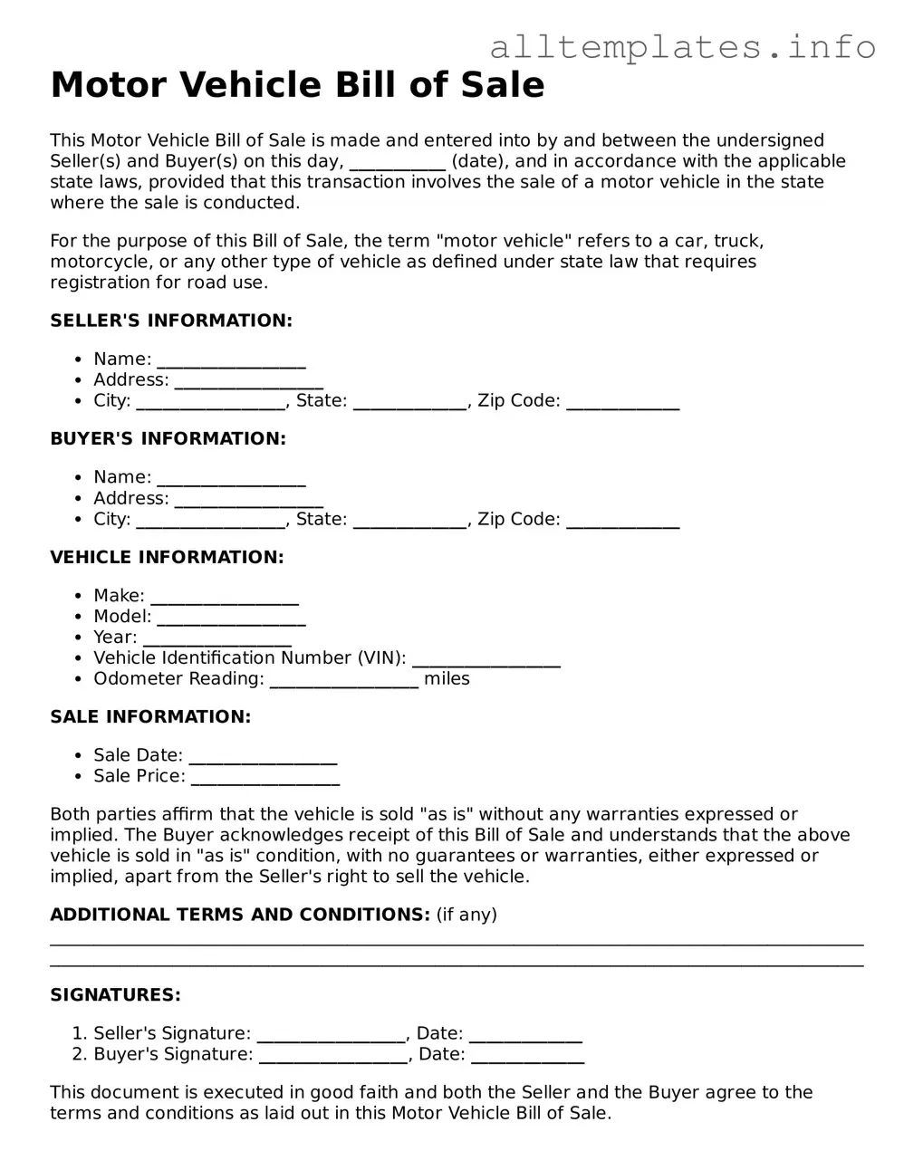 Fillable Motor Vehicle Bill of Sale Document