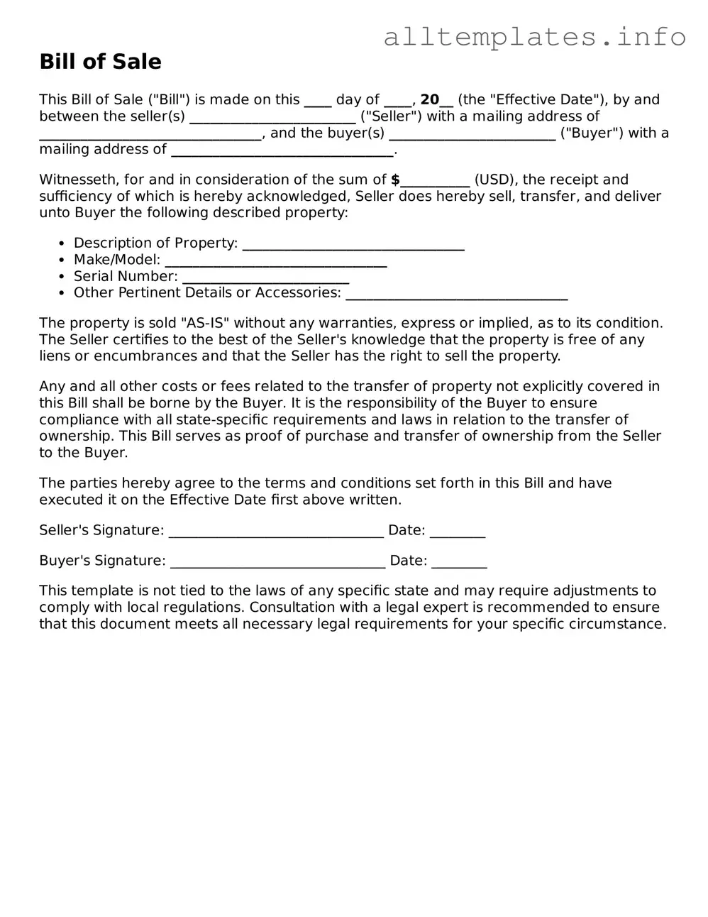 Fillable Bill of Sale Document
