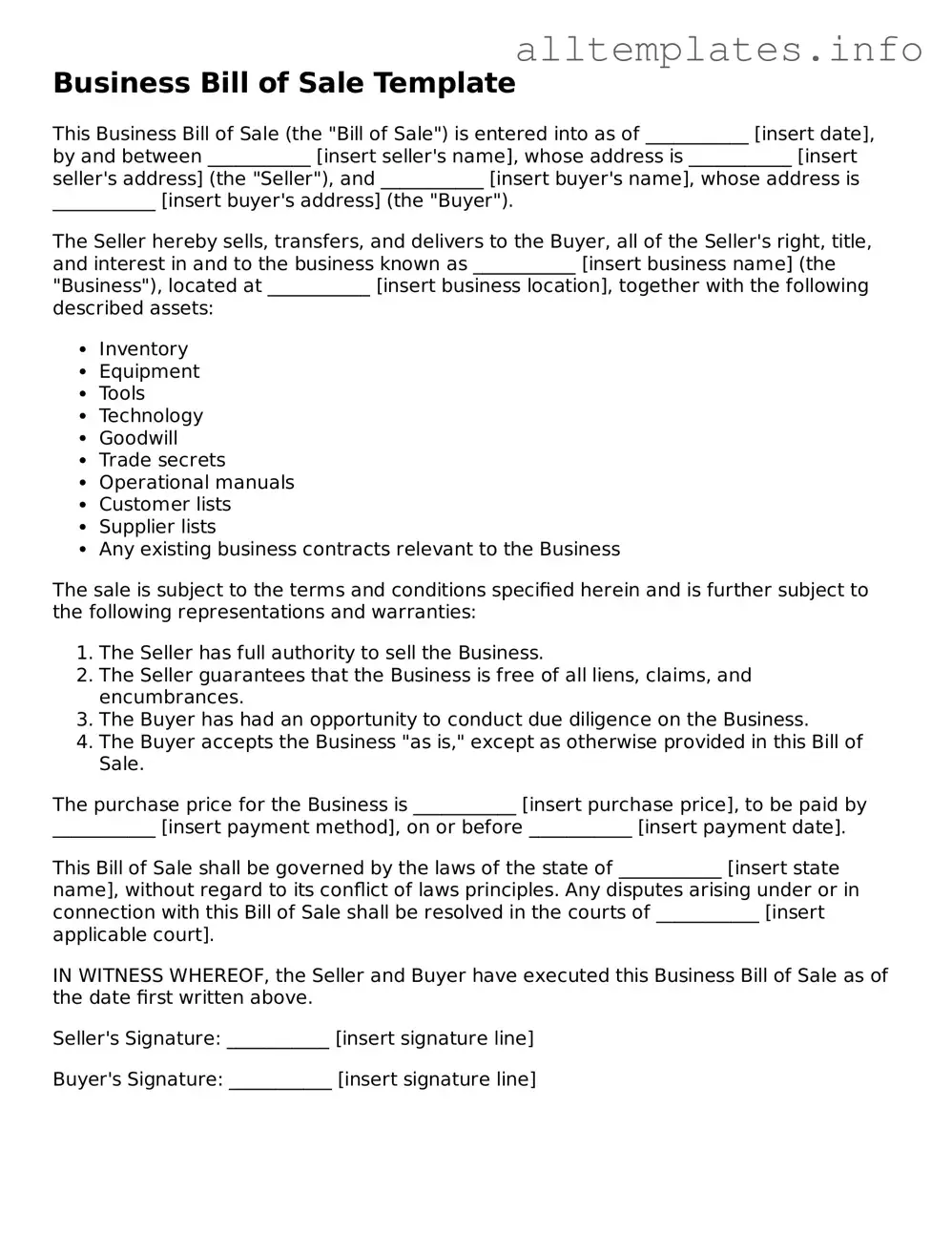 Fillable Business Bill of Sale Document