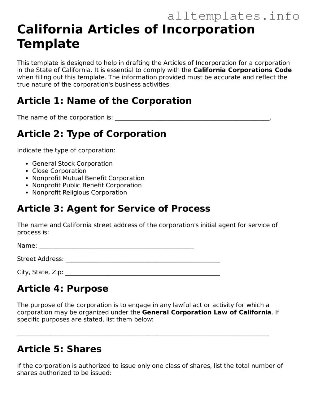 Attorney-Approved  Articles of Incorporation Document for California