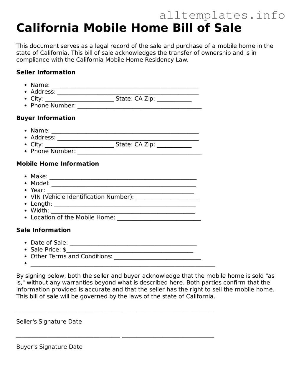 Attorney-Approved  Mobile Home Bill of Sale Document for California