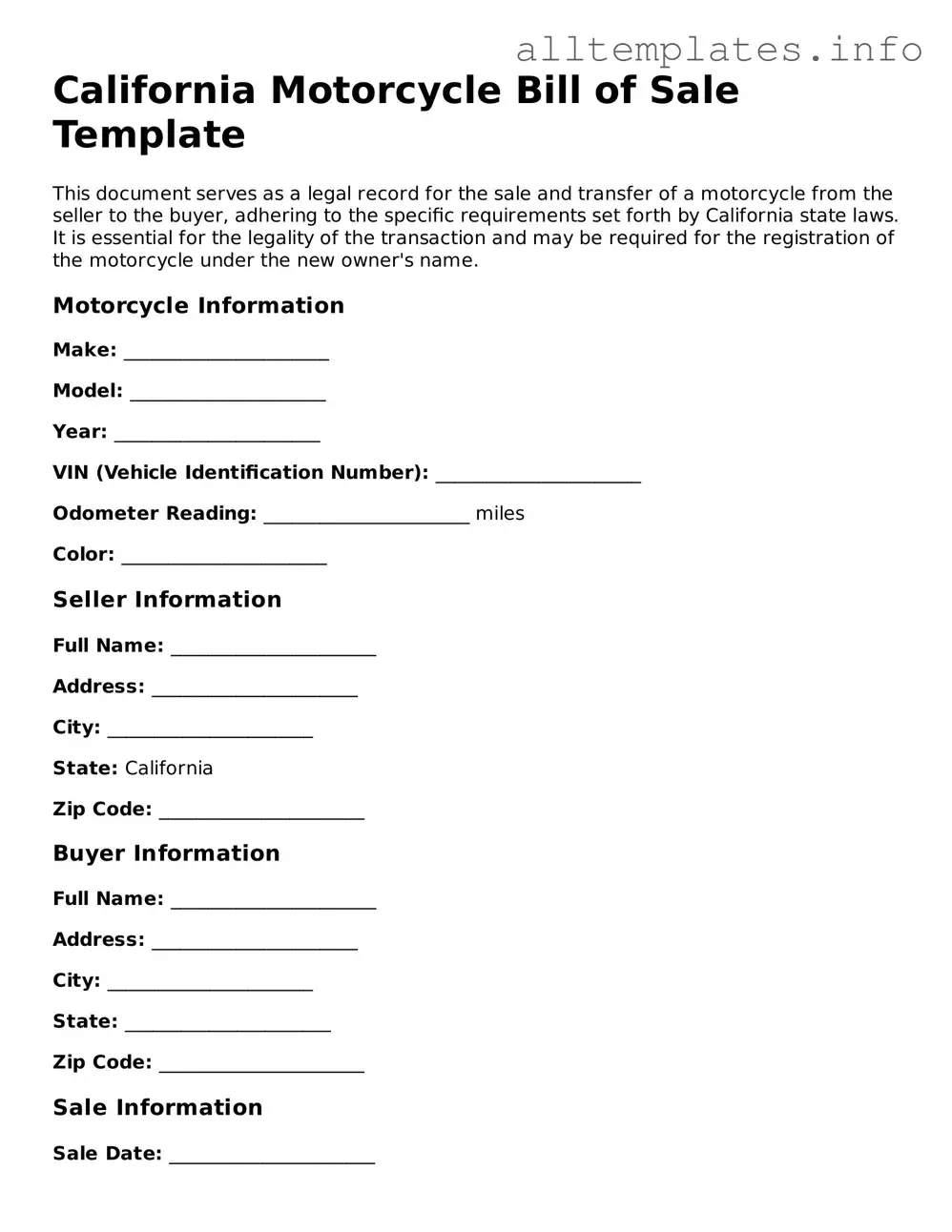 Attorney-Approved  Motorcycle Bill of Sale Document for California