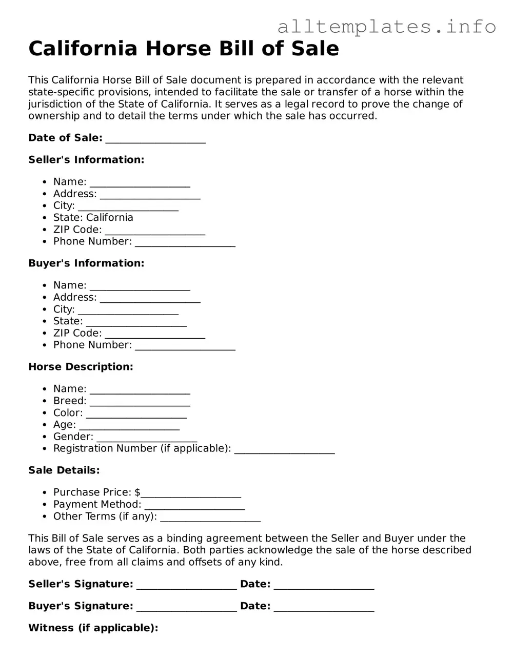 Attorney-Approved  Horse Bill of Sale Document for California