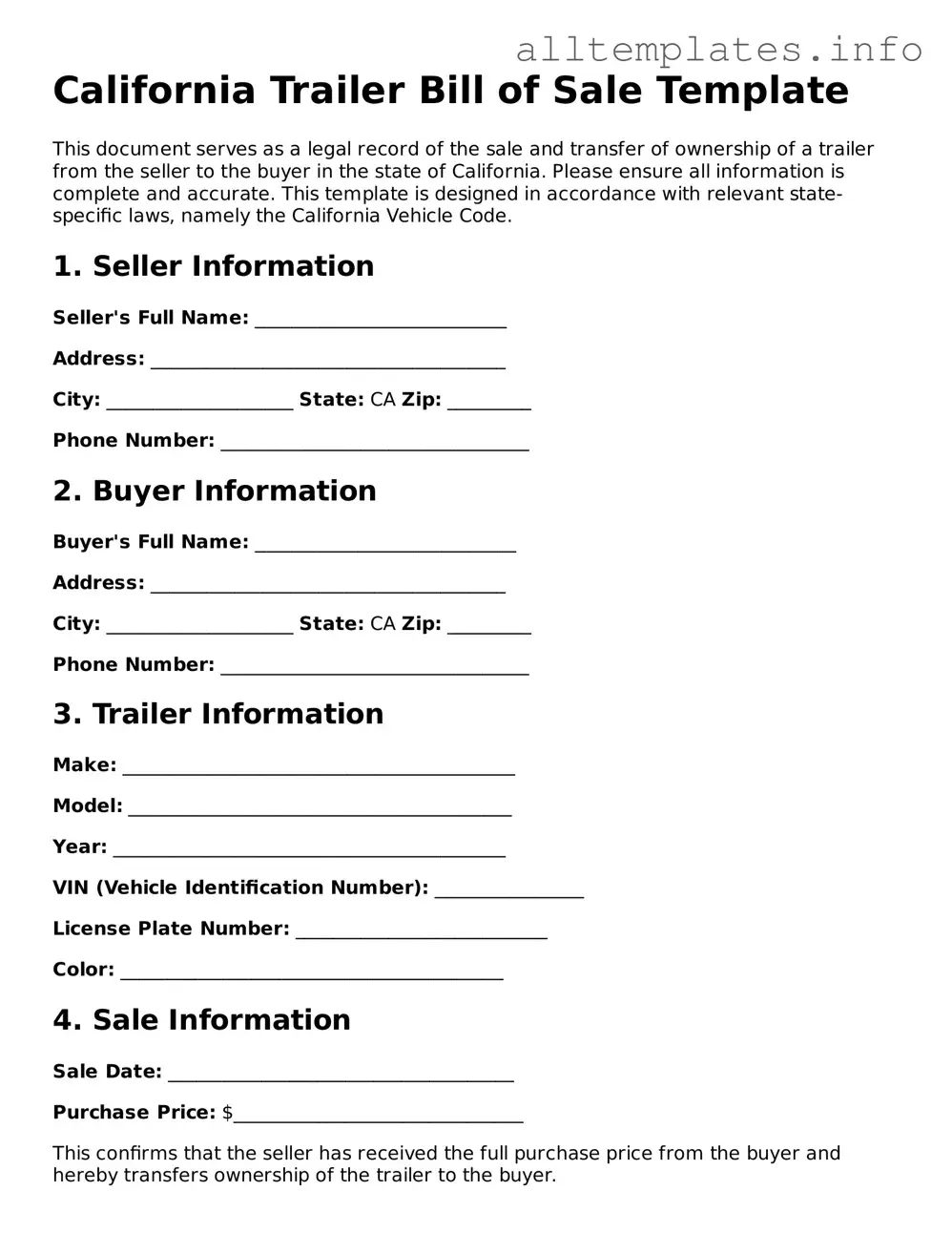 Attorney-Approved  Trailer Bill of Sale Document for California