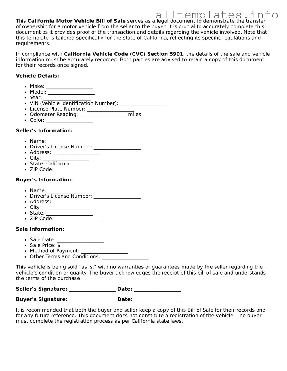 Attorney-Approved  Motor Vehicle Bill of Sale Document for California