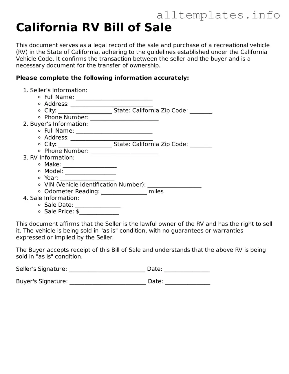 Attorney-Approved  RV Bill of Sale Document for California