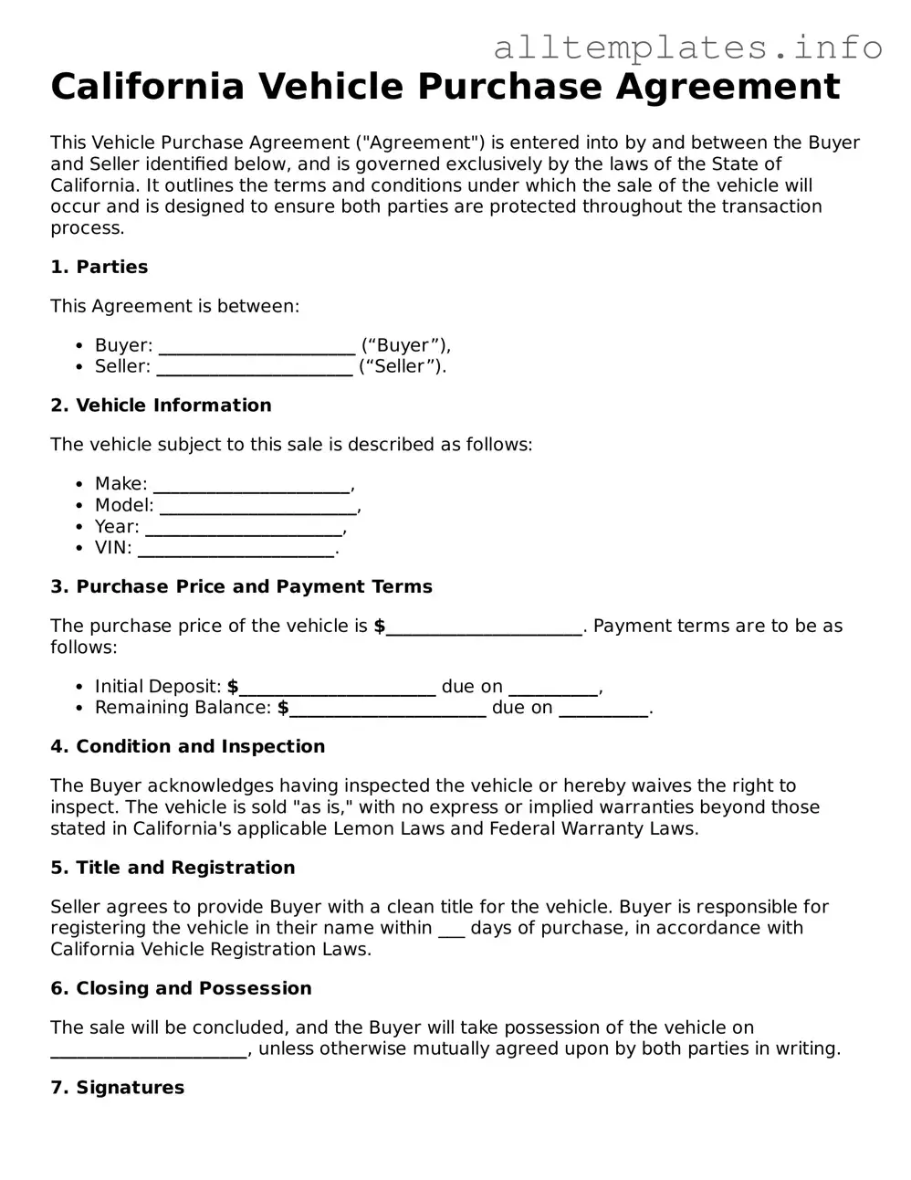 Attorney-Approved  Vehicle Purchase Agreement Document for California
