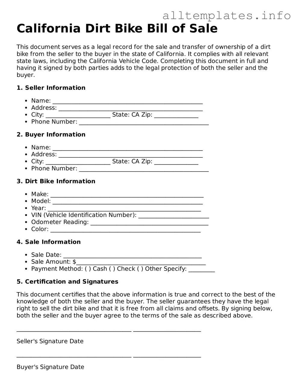 Attorney-Approved  Dirt Bike Bill of Sale Document for California