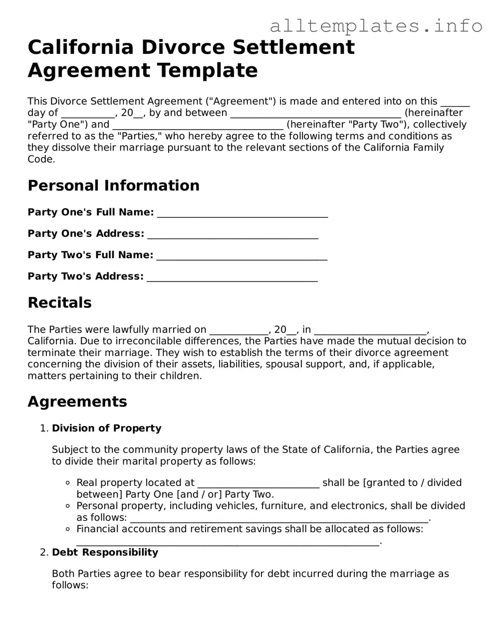 Attorney-Approved  Divorce Settlement Agreement Document for California