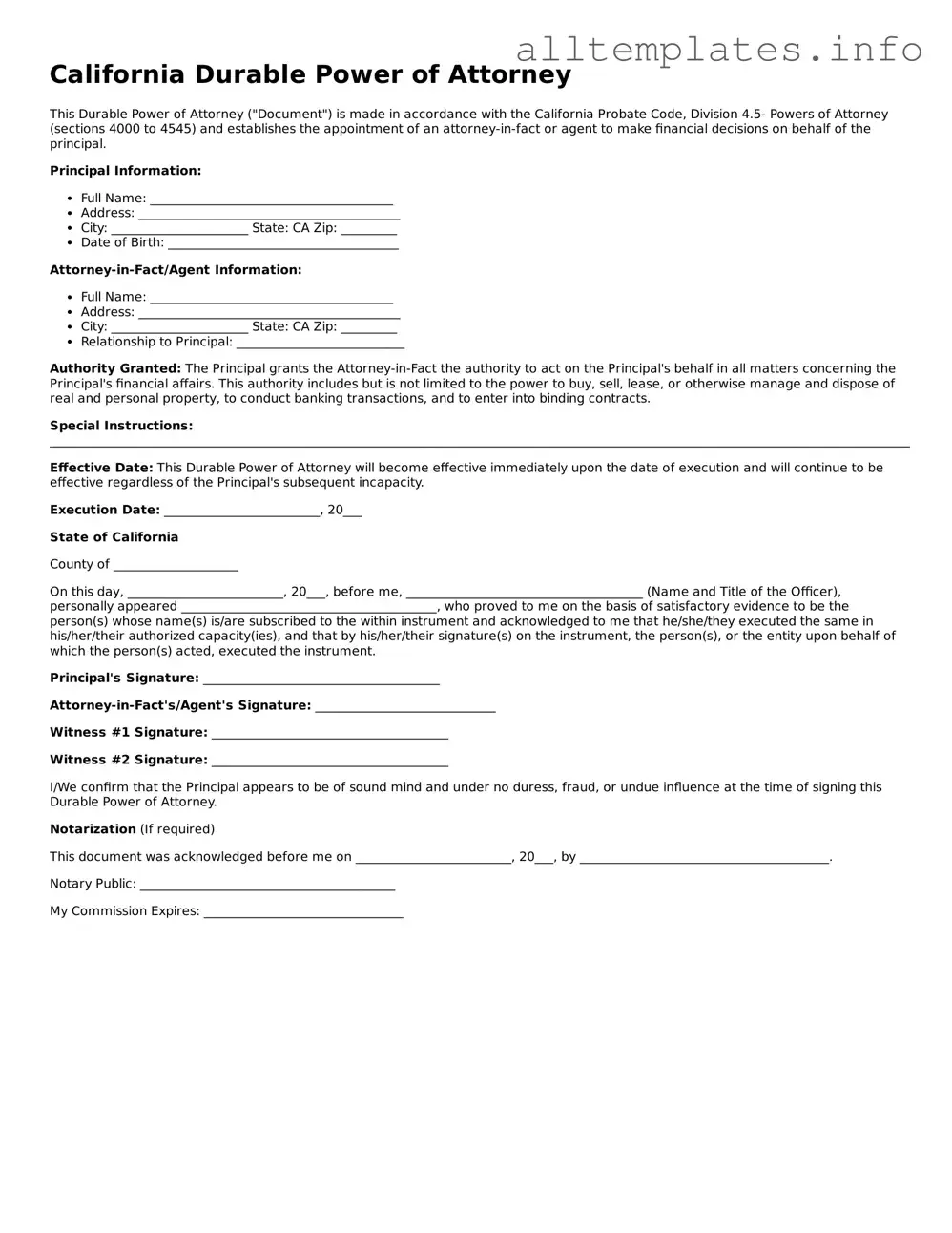Attorney-Approved  Durable Power of Attorney Document for California