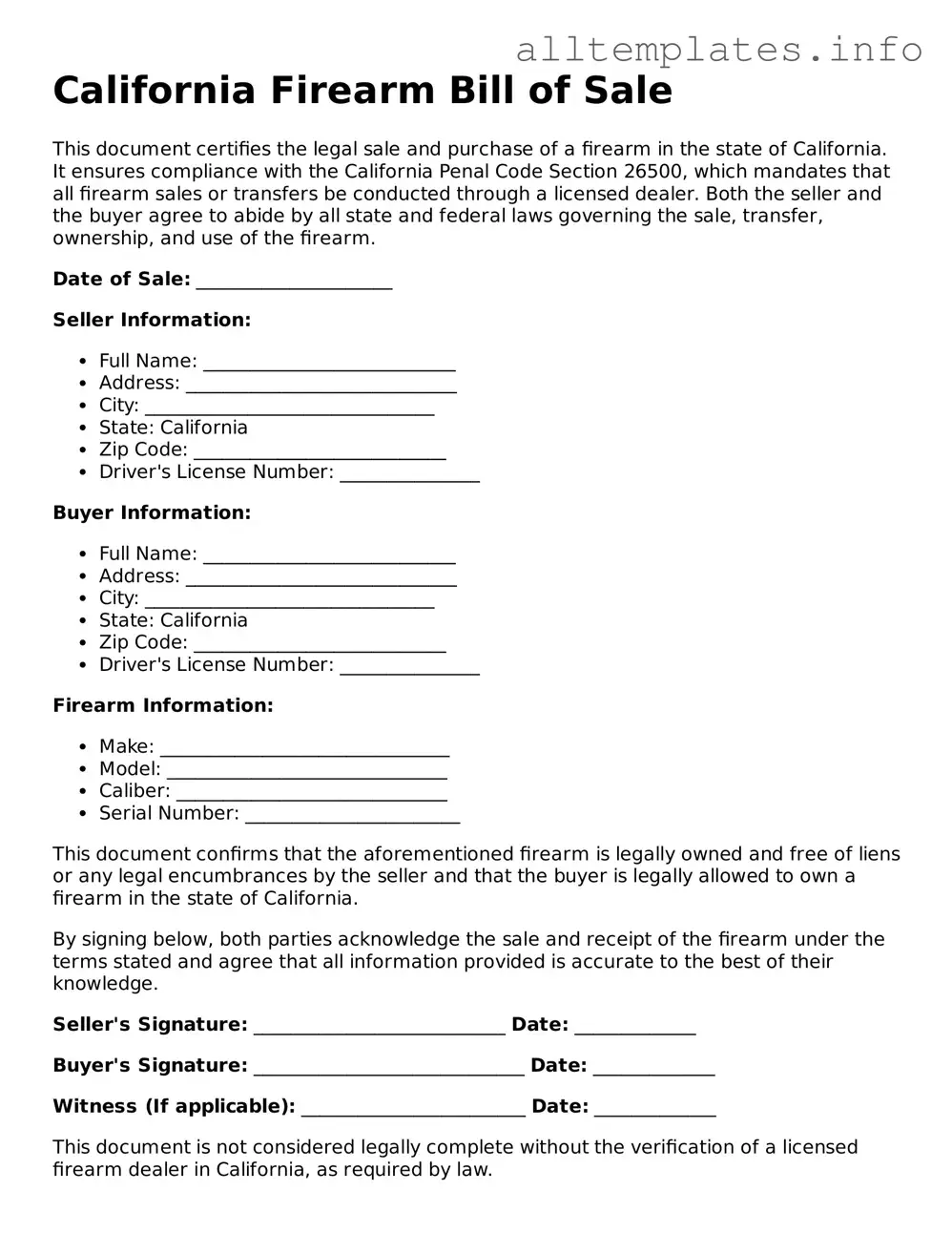 Attorney-Approved  Firearm Bill of Sale Document for California