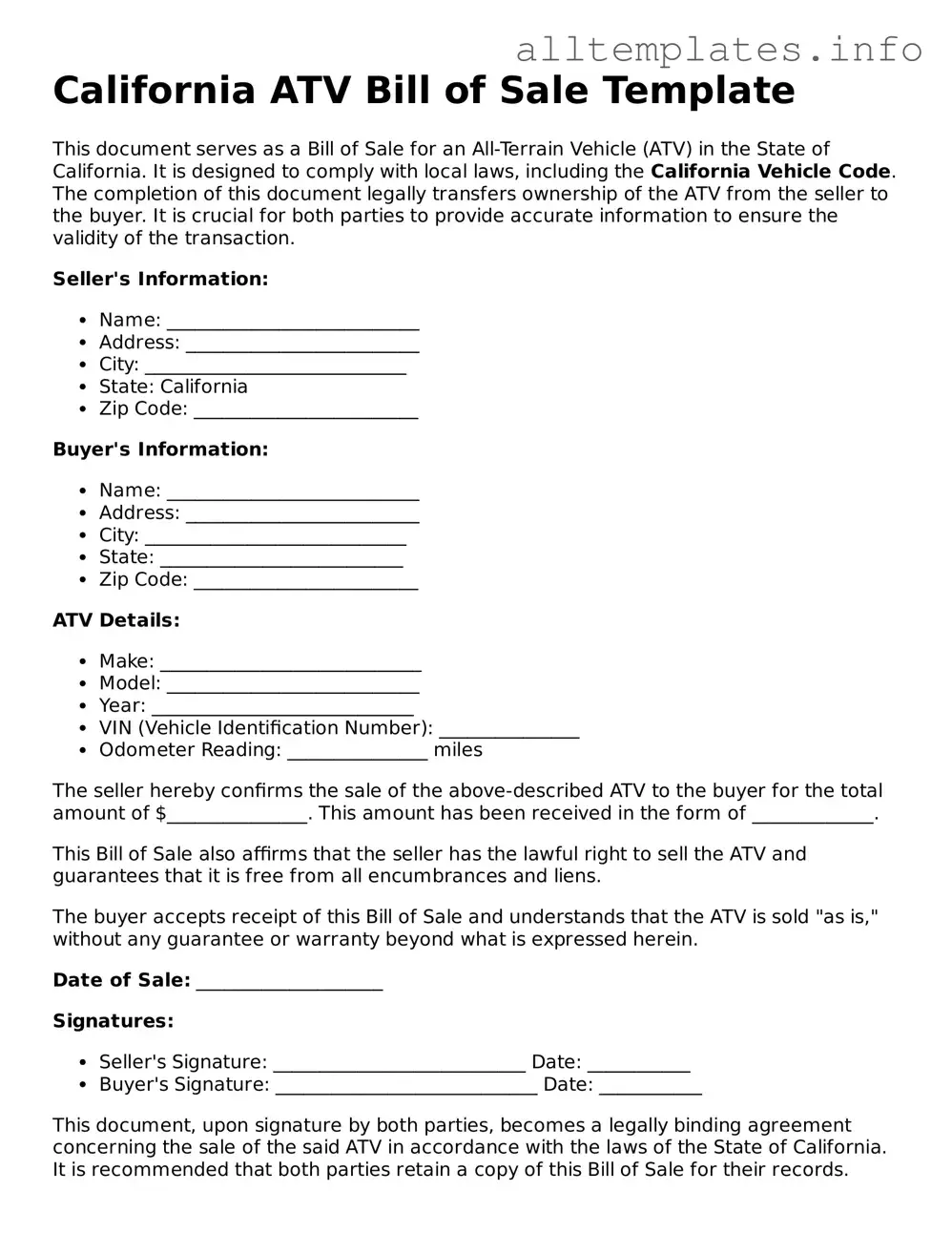 Attorney-Approved  ATV Bill of Sale Document for California