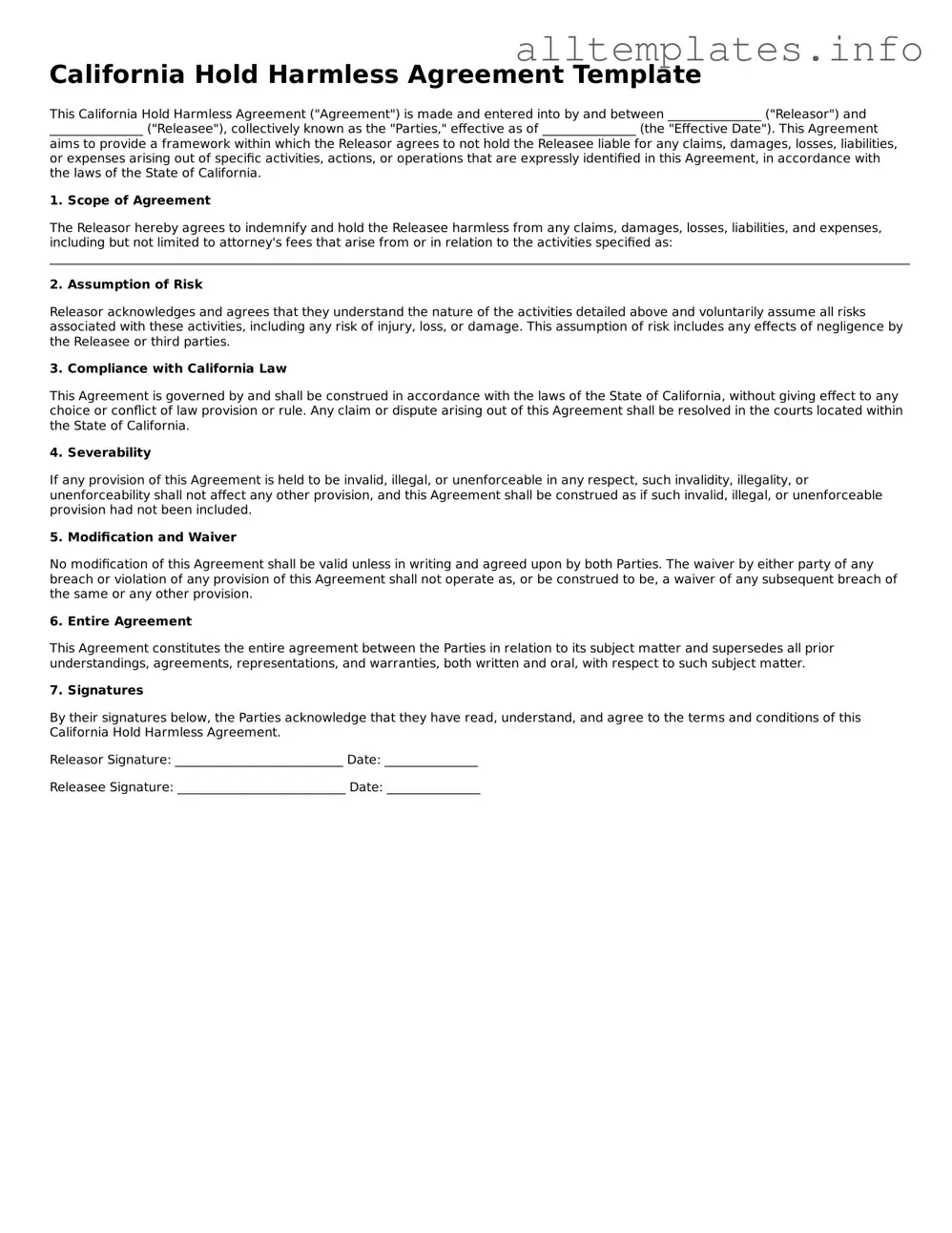 Attorney-Approved  Hold Harmless Agreement Document for California