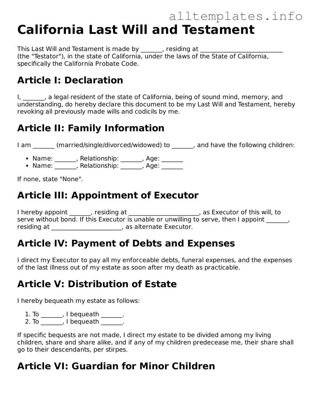 Attorney-Approved  Last Will and Testament Document for California