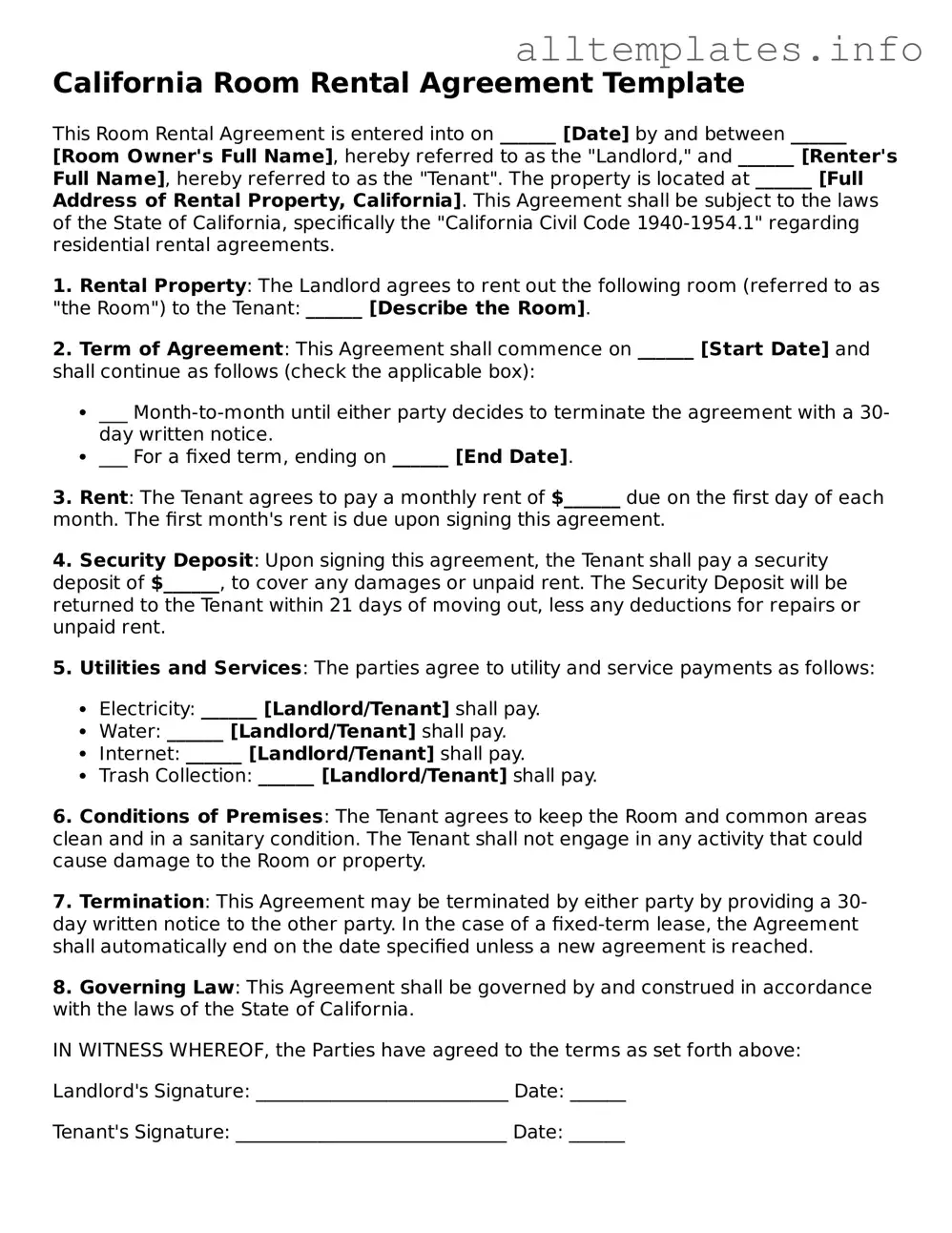 Attorney-Approved  Room Rental Agreement Document for California