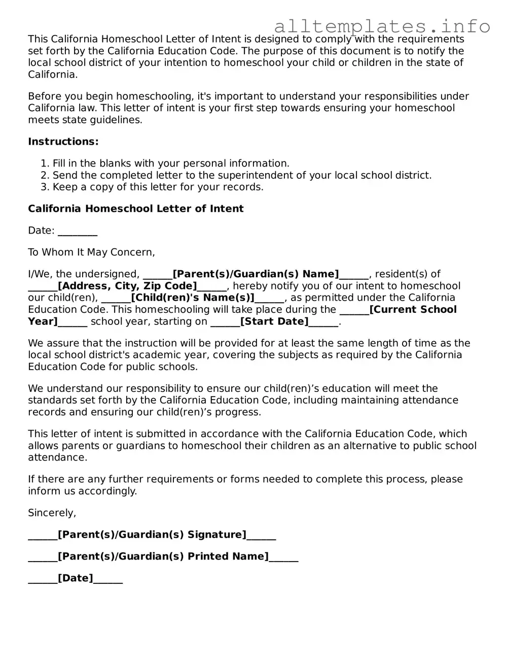 Attorney-Approved  Homeschool Letter of Intent Document for California