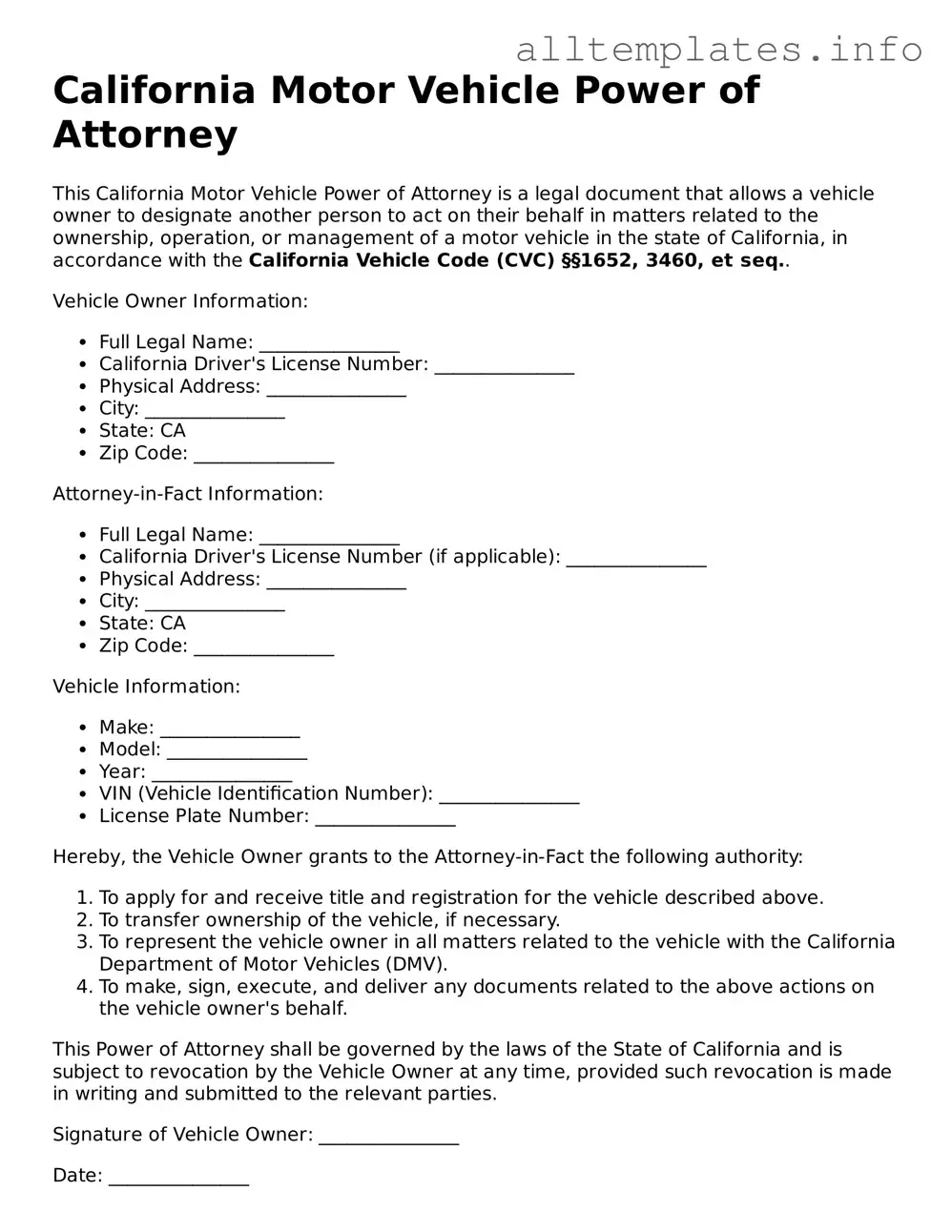 Attorney-Approved  Motor Vehicle Power of Attorney Document for California
