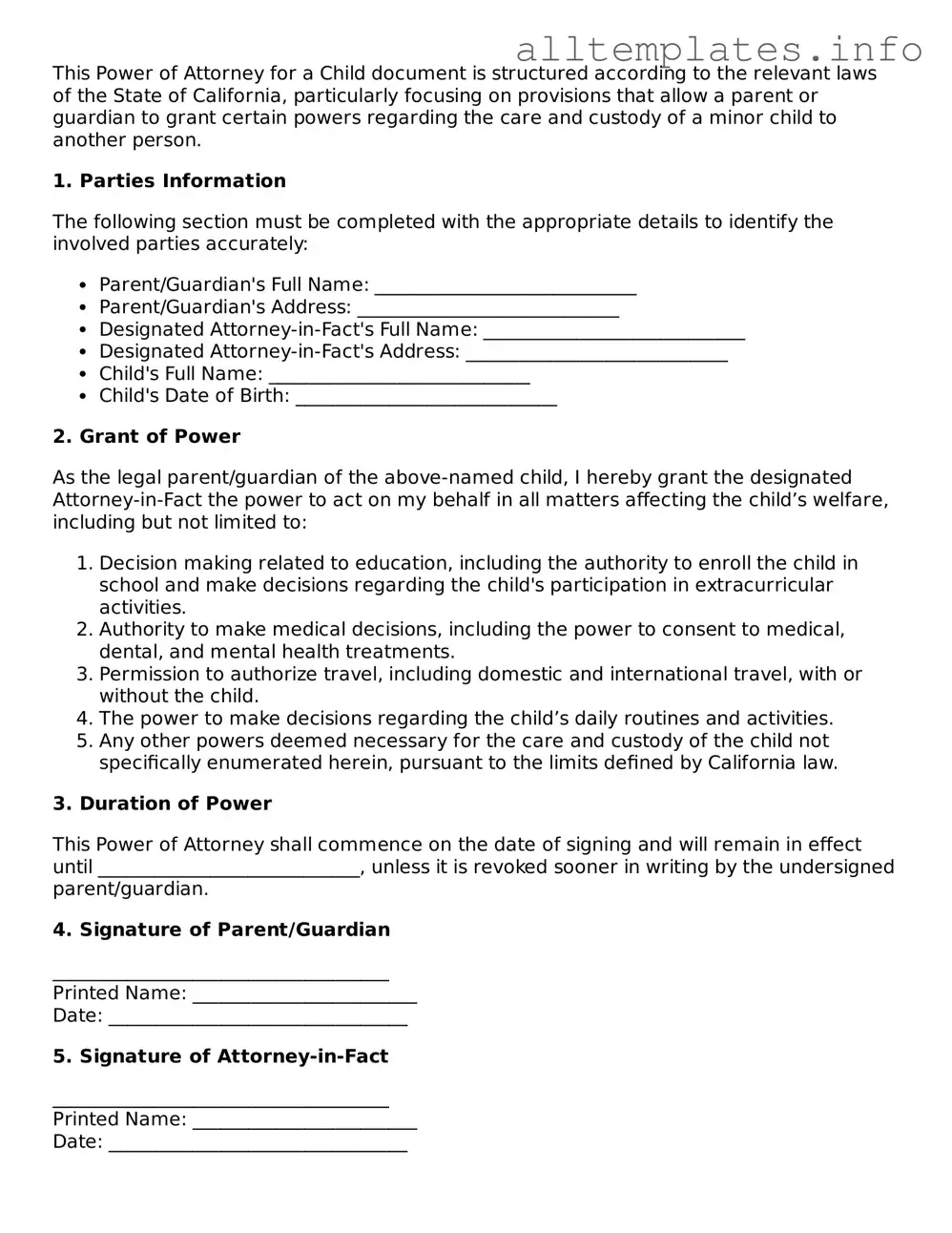 Attorney-Approved  Power of Attorney for a Child Document for California