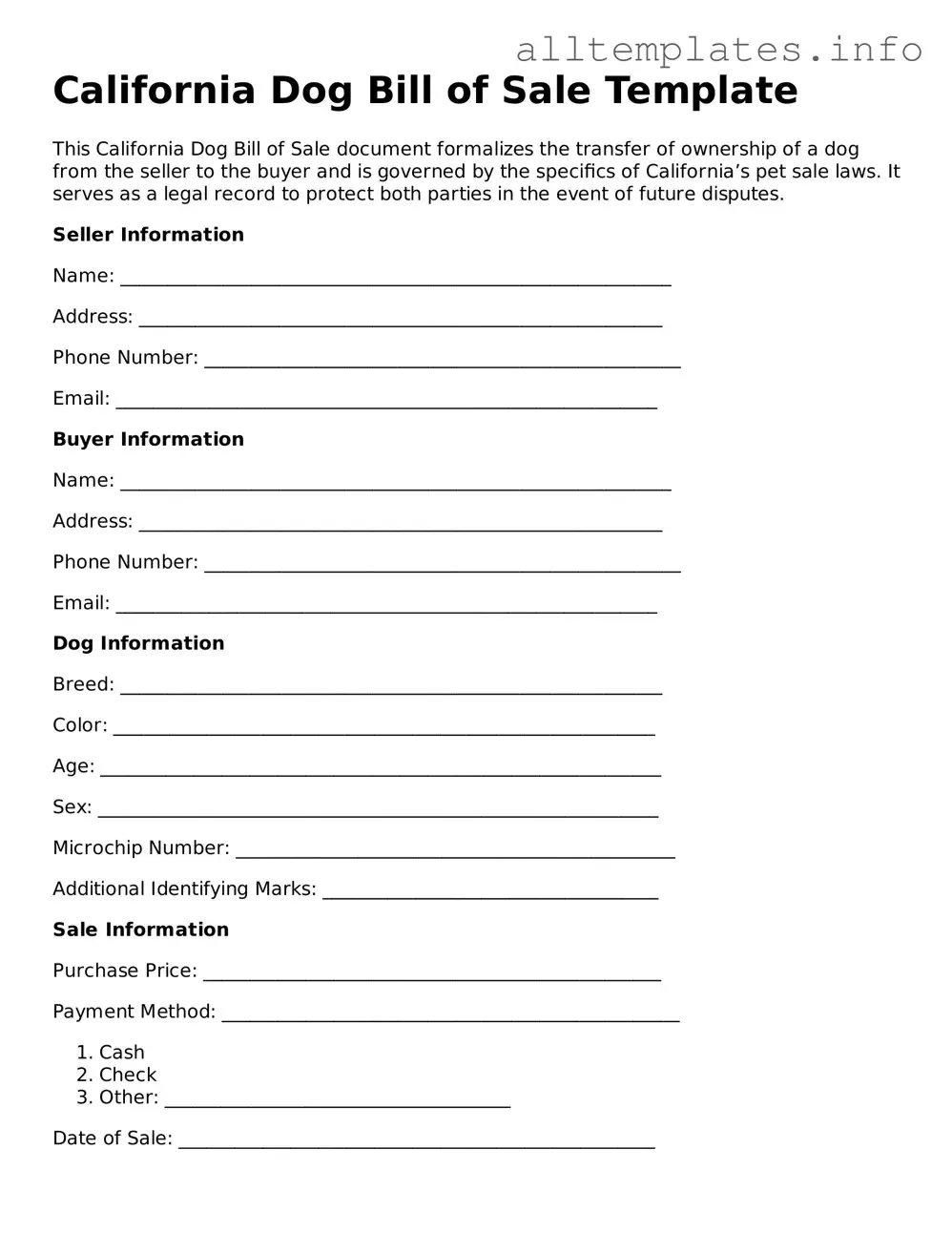 Attorney-Approved  Dog Bill of Sale Document for California