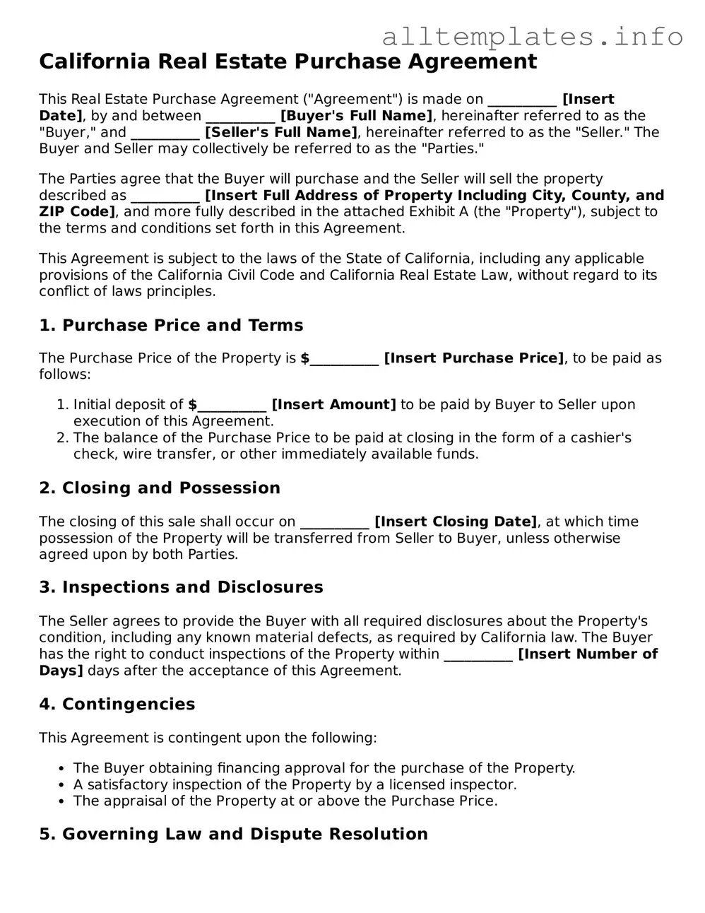 Attorney-Approved  Real Estate Purchase Agreement Document for California