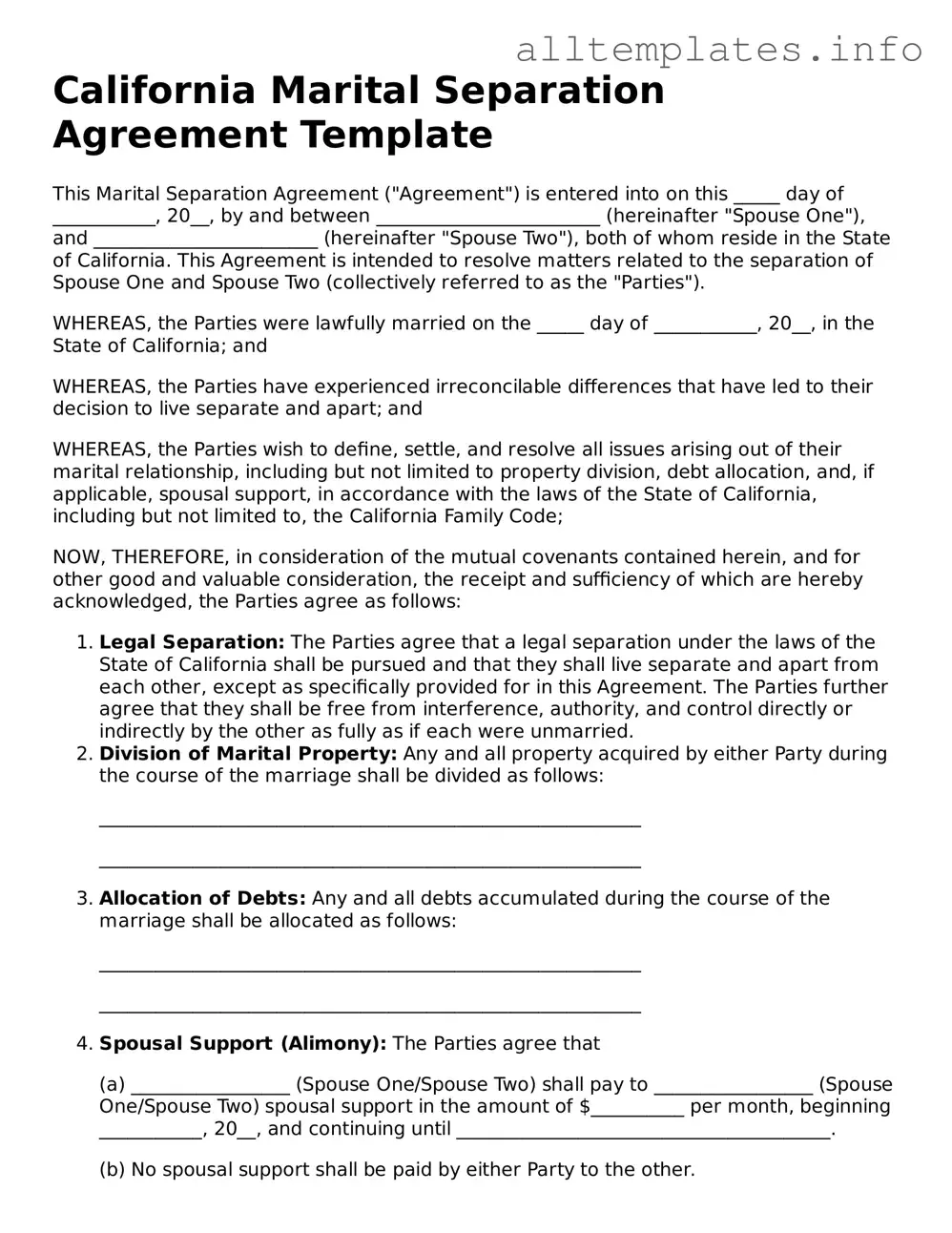 Attorney-Approved  Marital Separation Agreement Document for California
