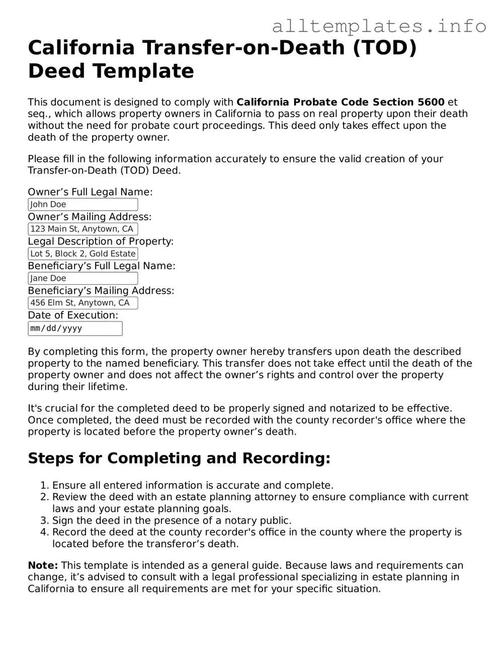 Attorney-Approved  Transfer-on-Death Deed Document for California