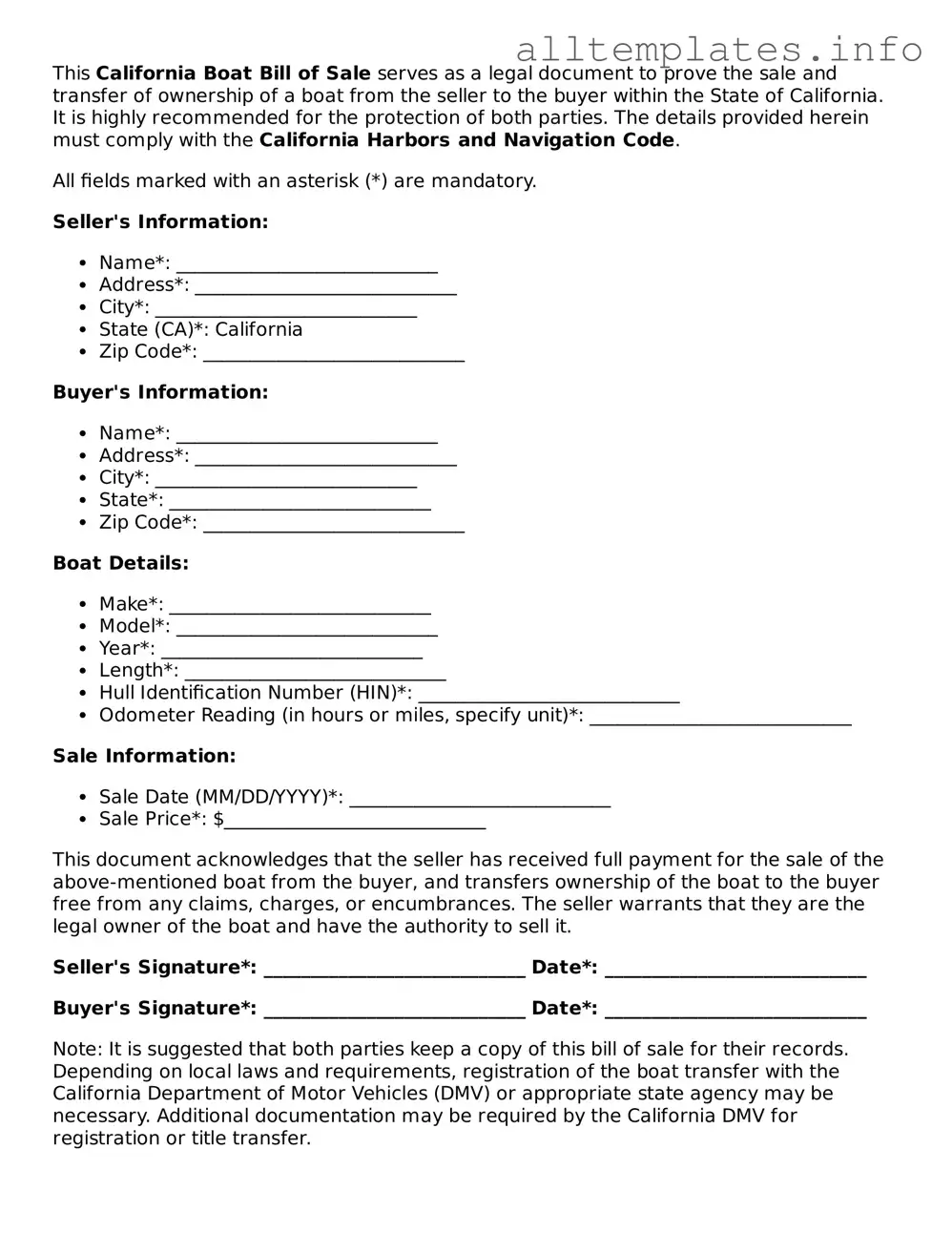 Attorney-Approved  Boat Bill of Sale Document for California