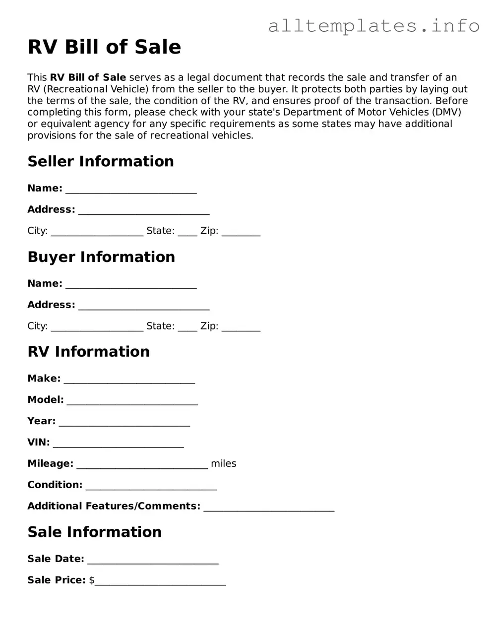 Fillable RV Bill of Sale Document