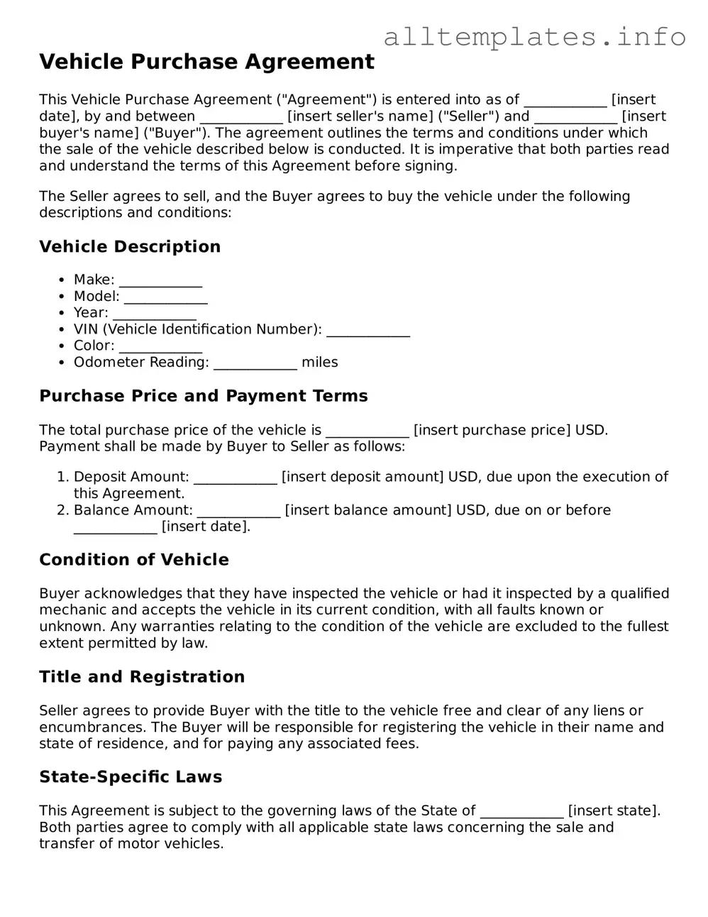 Fillable Vehicle Purchase Agreement Document