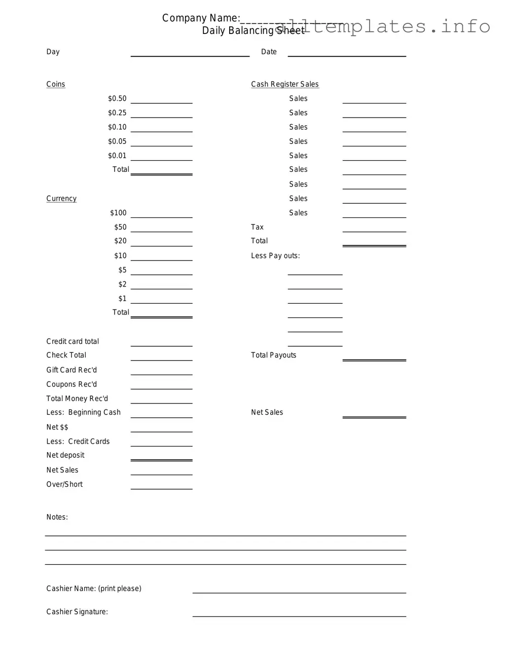 Fill Your Cash Drawer Count Sheet Template