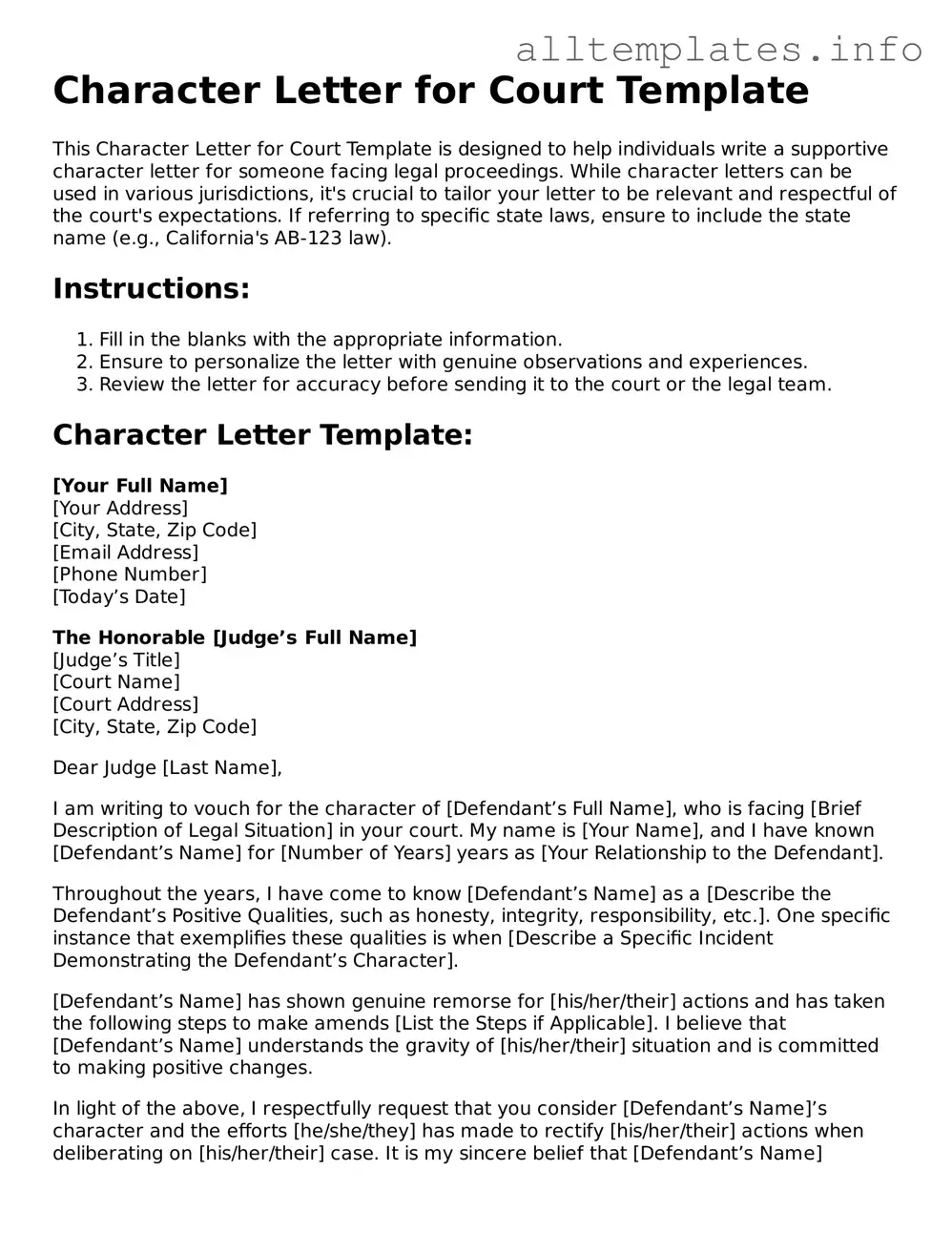 Fillable Character Letter for Court Document