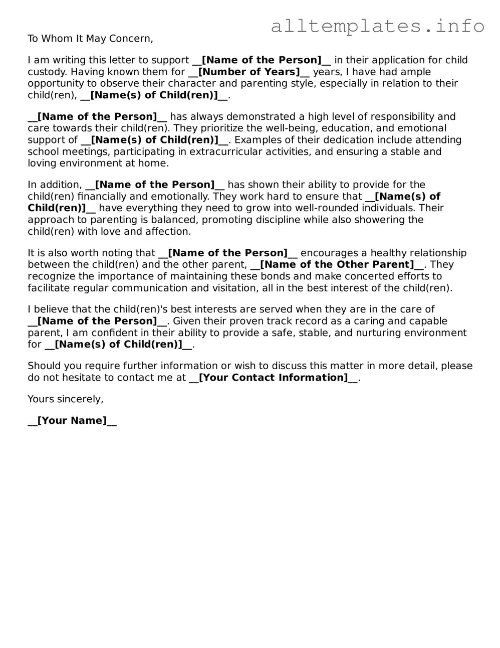 Fillable Character Reference Letter for Child Custody Document