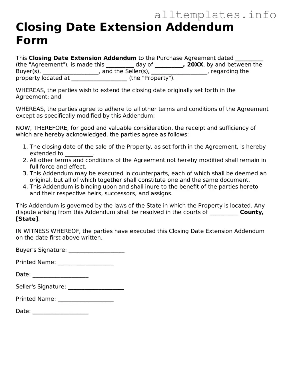 Fillable Closing Date Extension Addendum Form Document