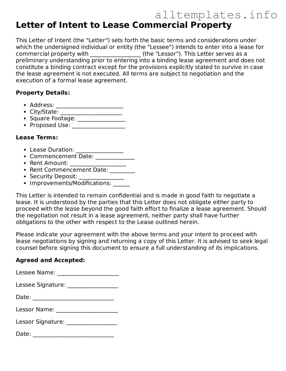Fillable Letter of Intent to Lease Commercial Property Document