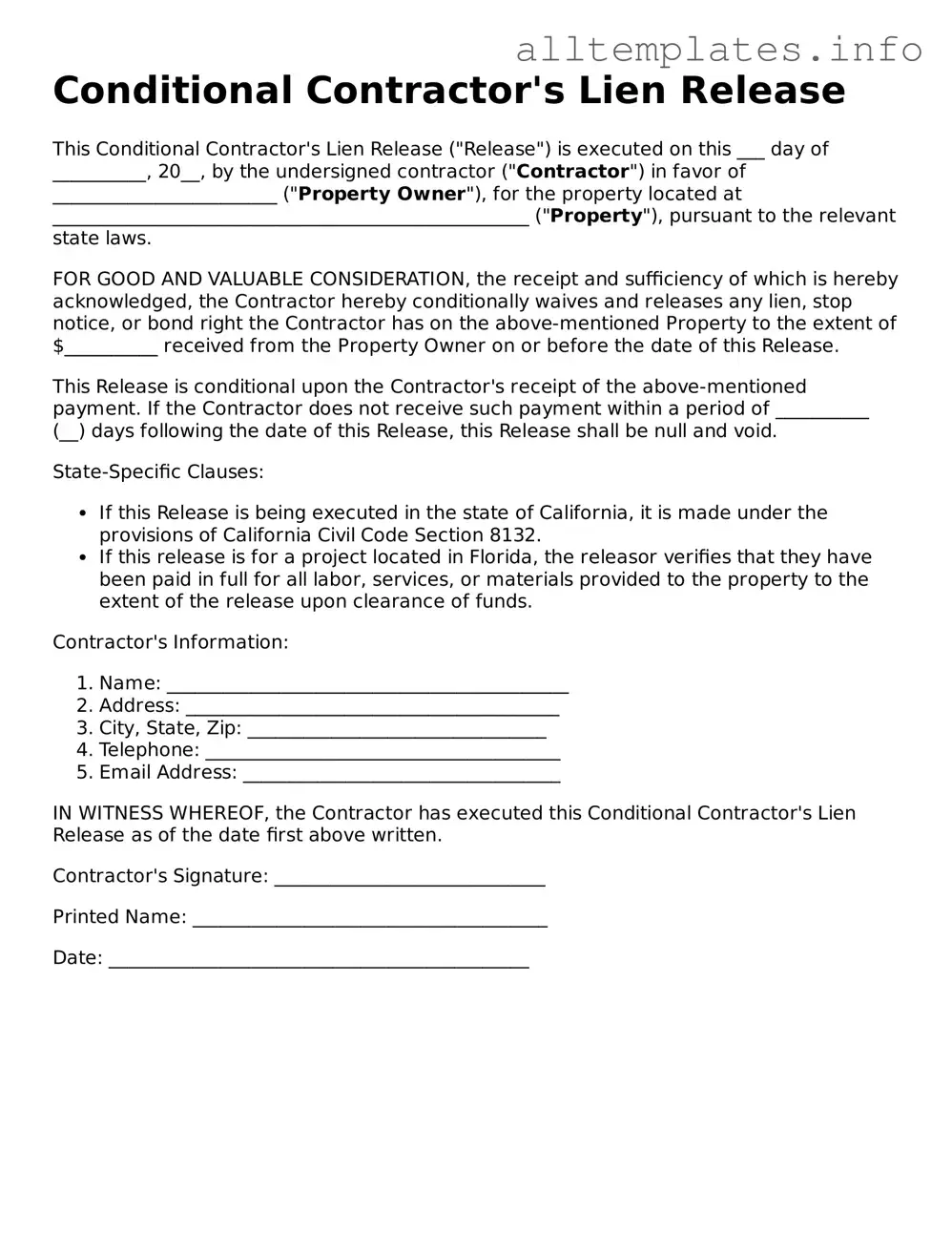 Fillable Conditional Contractor’s Lien Release Document