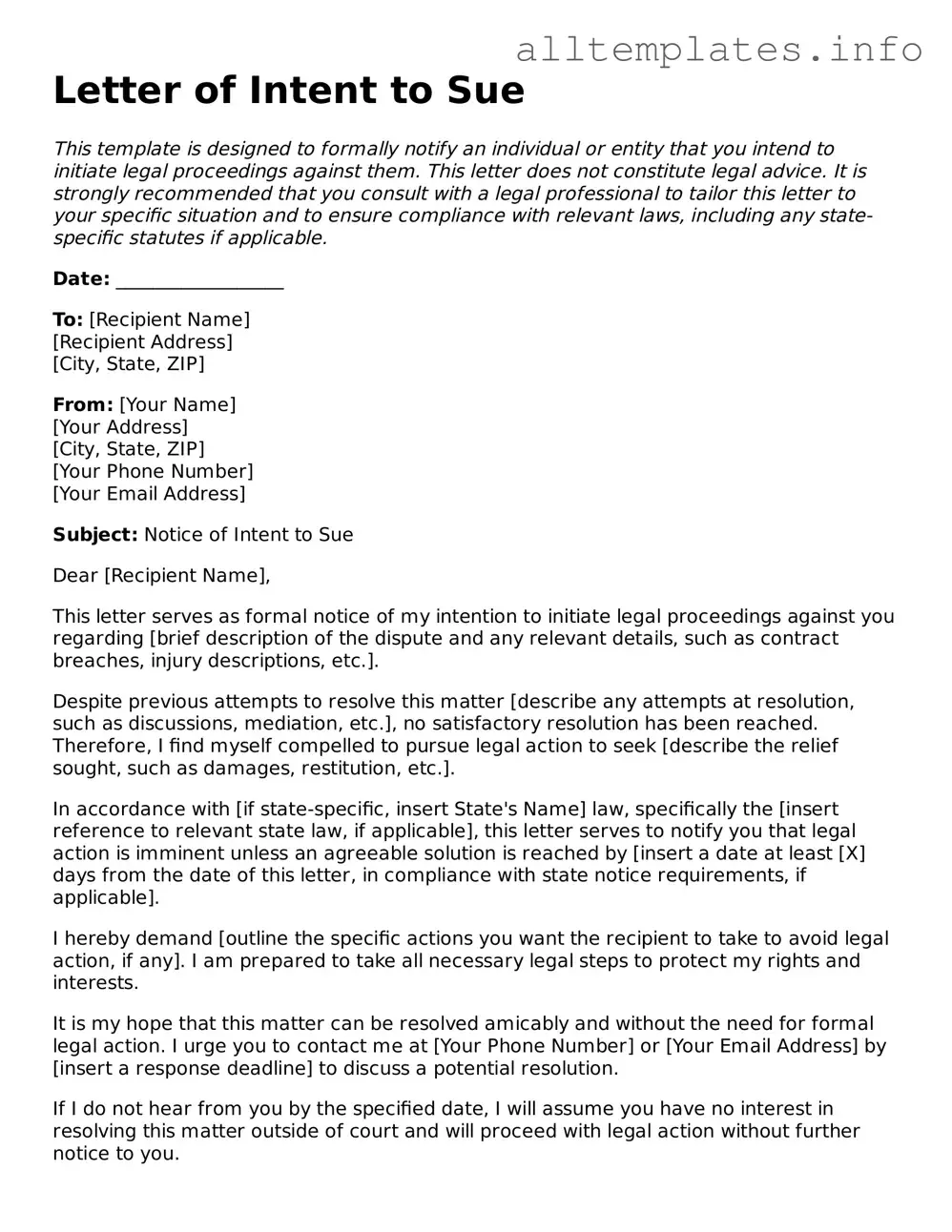 Fillable Letter of Intent to Sue Document